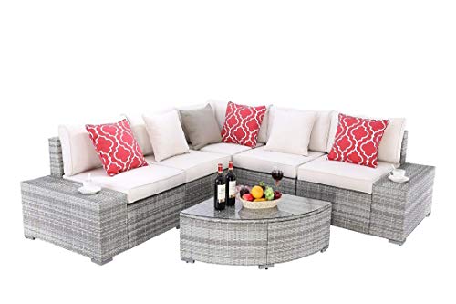 Do4U 6 Pieces Outdoor Patio Furniture Sectional Conversation Set, All-Weather Wicker Rattan Sofa Beige Seat & Back Cushions (3506-PGRY-BEG)