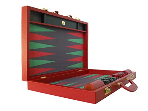 Leather/Microfiber Backgammon Set - (23" Large Attache Case, Zaza & Sacci) - Red