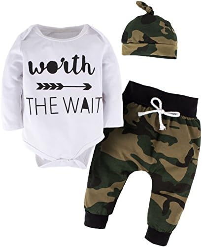 YIJIUJIU Toddler Boys 3 Piece Romper Outfits Baby Girl Clothes Letter Arrow Bodysuit +Camouflage Army Designer Pants Set