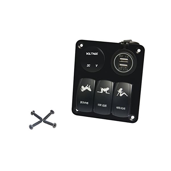 TEQStone-MarineBoat-Car-Switch-Panel-3-Gang-with-1-Charger-With-2-USB-Slot-and-a-Voltage-Monitor-Blue-LED-Light-5pin-Onoff-Rocker-Switch