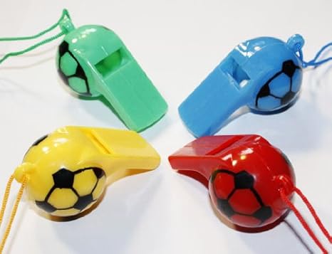 4er Set Trillerpfeifen, Signalpfeifen, Pfeifen Kunststoff mit Kordel im 'Fussball Design' rosa/grün/blau/gelb, 0904