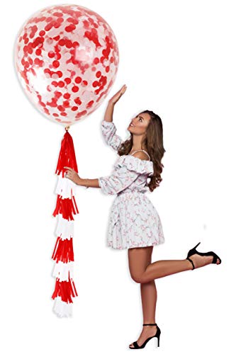 Treasures Gifted Valentines Red Jumbo Confetti Balloons Party Decorations in 24 Inch Latex Clear and Paper Tassels for Wedding Birthday Bridal Shower Party (2 Pack)
