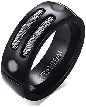 8mm Men's Black Titanium Ring Wedding Band with Stainless Steel Cables and Screw Design
