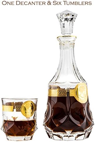 Victoria Bella 71-720201, 27 Oz. Crystal Decanter and Six 10.5 Oz. Whisky Scotch Brandy Glasses with Golden Trim, Wedding Gift Carafe & Whiskey Tumblers, 1+6-Piece Set