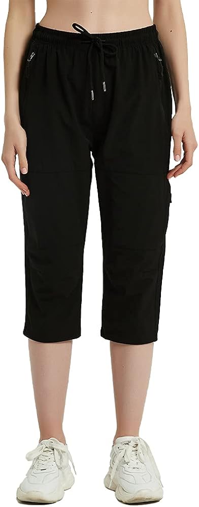 Capri Pants for Women Quick Dry Workout Cargo Capris UPF 50+ Hiking Pants with 4 Zipper Pockets: Clothing