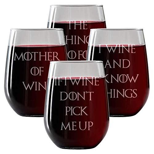 Wine Glasses Set of 4, Stemless Wine Glasses 17oz | Inspired by Game of Thrones | Engraved- Drinkware | Funny Novelty gifts for Men and Women - Made in USA. Includes free Wine Food Pairing Card - Thumbnail 6