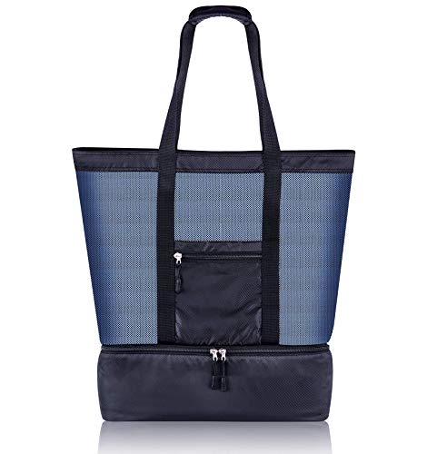Bwiv Strandtasche Mesh Extra Gross Faltbar Familie Meshtasche Netztasche Weiche Tragetasche Picknicktasche Mit Kühlfach Shopping Umhängetasche für Sandspielzeug Strandware Schwarz