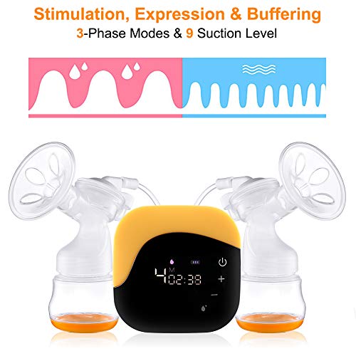 Electric Breast Pump with LCD Screen, Portable Hands-Free for Mom's Comfort Double Breastpump, 2-Phase Modes & 9 Suction Level, Rechargeable Battery, FDA Approved BPA Free