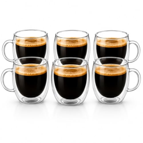 Conjunto com 6 Xícaras de 110ml em Vidro Borossilicato de Parede Dupla com Alça para Café Espresso Chá Cappuccino e Bebidas Quentes (KIT COM 6 PEÇAS)