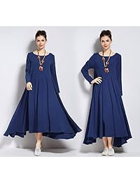 Vestido de algodón de lino de expansión de doble capa Anysize Primavera Otoño Invierno Vestido de talla grande Versión cálida 2.2 lbs Y93D