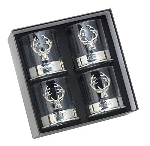 12oz Whisky Glass with a stag's Head Emblem in a Presentation Box of 1, 2 or 4 Glasses (4) Lead Free pewterware Mounted