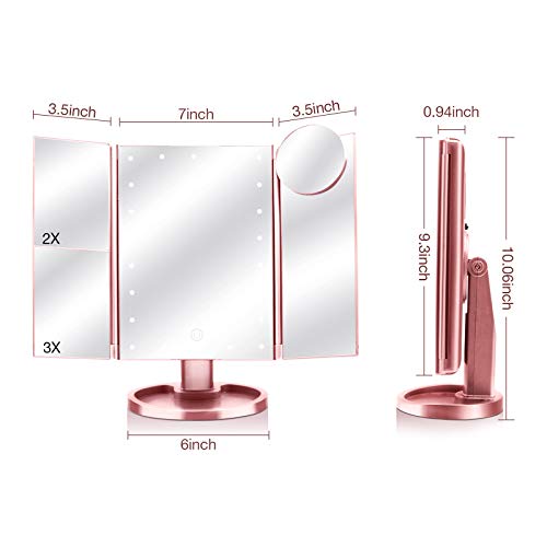 Makeup Mirror with 10X 3X 2X 1X Magnification, Touch Screen Trifold Vanity Mirror 22 LED Cosmetic Lighted Up Mirror, Dual Power Supply