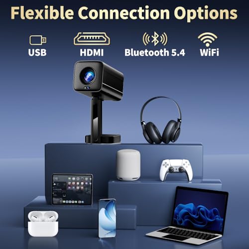 4K Mini Projector 2026 Upgraded Support Native 1080P FHD, Smart Projector [Built-in Apps] with WiFi and Bluetooth, Real-Time Auto Focus & Keystone Correction Supports TV Stick/iPad/Laptop/HDMI - Black