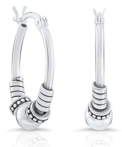 Sterling Silver Small Balinese Beaded Oval Hoop Earrings (20mm)