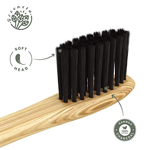 Greenzla Bamboo Toothbrush Set (4 Pack) With Travel Toothbrush Case & Charcoal Dental Floss in Small Jar | Natural Eco Friendly Toothbrushes for Adults | BPA Free & Biodegradable Wooden Toothbrushes