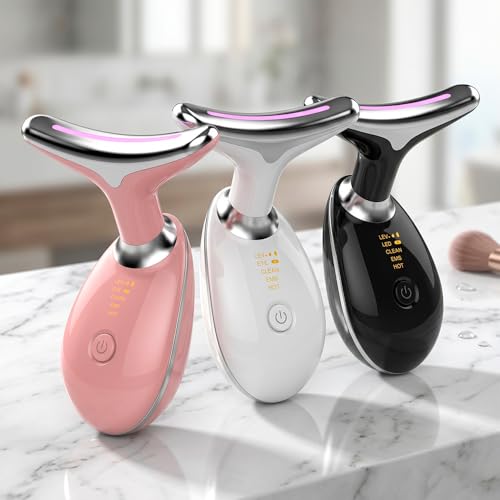 Massageador Facial LED 3 Cores com EMS e Aquecimento, Lifting Facial, Redução de Rugas e Papada, Estimulador de Colágeno Recarregável para Pescoço