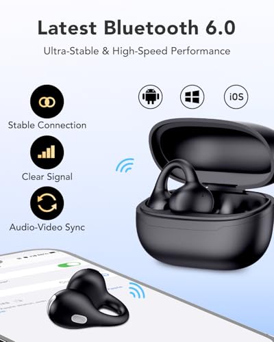 Open Ear Clip On Earbuds, Bluetooth 6.0 Wireless Earphones, Lightweight Comfort-Fit Sport Headphones with Crystal-Clear Sound for Running, Workout & Outdoor, Black