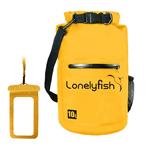 Dry Bag - Waterproof Roll Top Dry Sack with Transparent Window, Exterior Zip Pocket, Long Shoulder Strap for Kayaking, Rafting, Canoeing & Fishing - Waterproof Phone Case Included (dark yellow, 10L) - Thumbnail 7