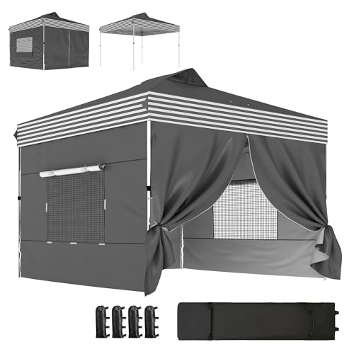 Outsunny 10 x 10 ft Pop Up Canopy Tent with 4 Sidewalls, UPF 50+ Easy 1-Button Push Setup Outdoor Instant Shelter Portable with Wheeled Carry Bag, 4 Sandbags, Dark Grey
