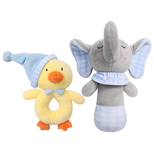 TILLYOU 2 PCS Soft Baby Rattle for Newborns, Plush Stuffed Animal Rattle, Rattle Shaker Set for Infants, Shower Gifts for Girls Boys, Shaker & Teether Toys for 3 6 9 12 Months (Elephant/Ducking)