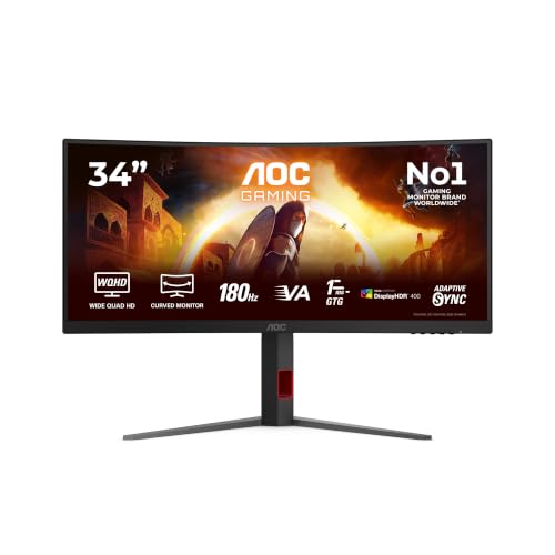 AOC CU34G4CA 34 Zoll Curved, UW-QHD USB Hub Monitor, 180Hz, Fast VA Panel, 1ms GtG, Adaptive Sync, HDR400, FreeSync, Hoehenverstellung,(3440x1440 HDMI 2X 2.0) Schwarz