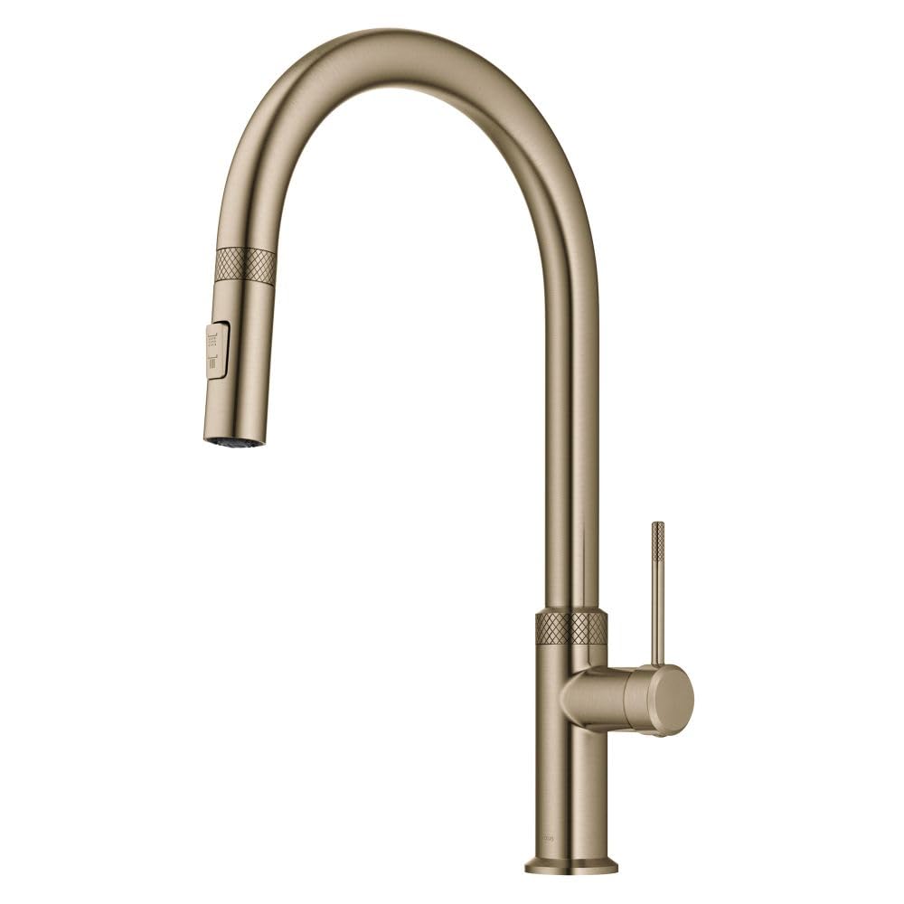 KRAUS Oletto Modern Industrial Pull-Down Single Handle Kitchen Faucet in Brushed Gold, KPF-2654BG Image KRAUS Oletto Modern Industrial Pull-Down Single Handle Kitchen Faucet in Brushed Gold, KPF-2654BG Image