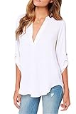 Dokotoo Womens Casual Chiffon Ladies V-Neck Cuffed Sleeve Blouse Tops (S-XXL)