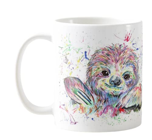 Vixar Sloth Watercolour Rainbow Art Coloured Mug Cup, Gift, Birthday, Work, Office, Christmas Tea Coffee (White)