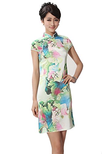 JTC Silk Women Chinese Mini Dress Cheongsam Cup Sleeve Lotus