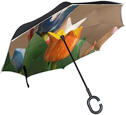 ダブルレイヤー 逆さチューリップ 木製 チューリップ カラフルなデコ デコレーション 傘 逆さ傘 防風 Uv保護 大きなストレート傘 車 雨 アウトドア C型ハンドル付き