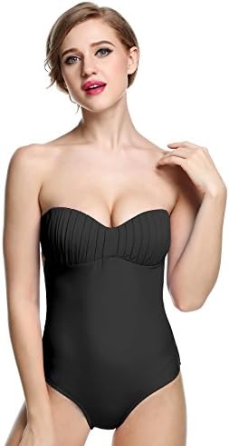 Wlone One Piece Bandeau Pin up Monokini Swimsuit with Removable Srap(Black)
