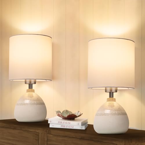 Modern Ceramic Table Lamps Set of 2, Bedside Nightstand Lamps with White Shade, 3 Color Temperatures, LED Bulbs Included, Elegant Lighting for Bedroom Living Room Office