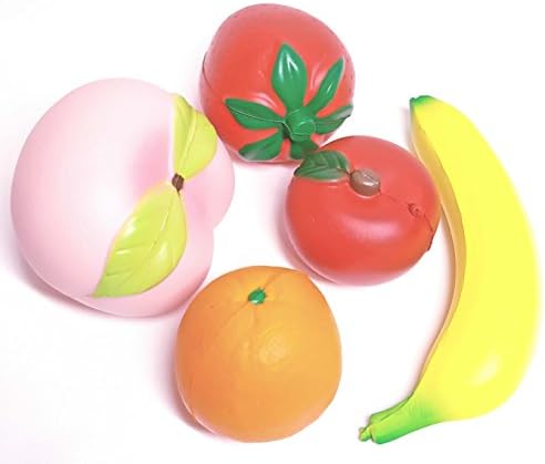 Squishies Slow Rising Jumbo 5 pack Soft and Charm Kawaii Stress Relief Scented Squishy Toys for Kids &amp; Adults - Giant Fruit Squeeze Toy Banana Strawberry Orange Apple and Peach Squishys