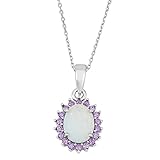 Sterling Silver Created White Opal & Amethyst CZ Oval Pendant with 18