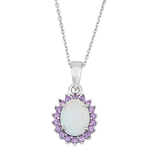 Sterling Silver Created White Opal & Amethyst CZ Oval Pendant with 18