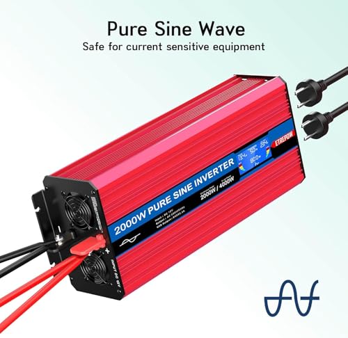 ETREPOW 2000 W 12 V 220 V Pure Sine Inverter Transformer – 2 EU AC Power Socket, 1 USB Port, Wireless Remote Control and LCD Screen, for Car, Camping, Travel