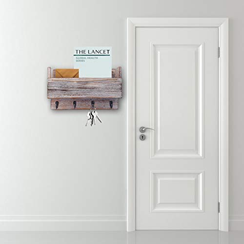 Halcent Wood Mail Holder Sorter with 4 Key Hook Holder, Wall Mail Organizer Hanging Letter Holder for Entryway Hallway Office Kitchen Mudroom