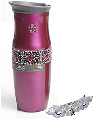 HOT PINK Bling Rhinestone Coffee Travel Mug for Women &amp; Barrette - Gift Ideas for Mom Teacher Daughter Teens (3” Barrette and 13 oz Medallion Mug)