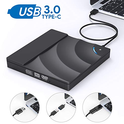 External CD DVD Drive,AUCEE USB 3.0 Type C Dual Port Slim Portable External CD DVD Rewriter Burner Writer, High Speed Data Transfer Touch Control External USB Optical Drives for Laptop/Macbook/Desktop