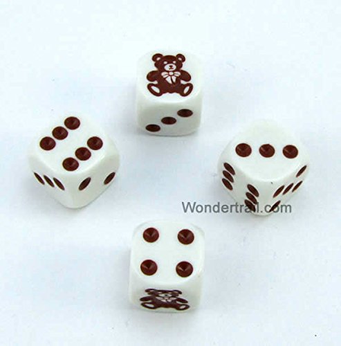 WKP00525E4 Teddy Bear Dice D6 White Opaque with Brown Pips 16mm (5/8in) Set of 4 Dice Koplow Games