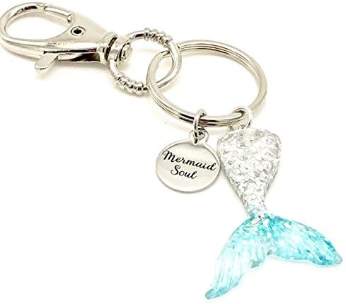 Mermaid Tail, Mermaid Soul Laser Etched Keychain with Aqua Resin Glitter Tail