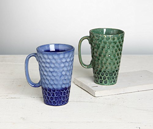 Store Indya Set of 2 Handmade Ceramic Coffee Milk Cup Mug Diamond Design Studio Pottery Home Office Kitchen Dining Serveware Accessories (Blue & Green)