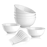 Mandydov 22 OZ Porcelain Cereal/Soup Bowl Set Dinnerware Bowls for Entree Oatmeal Pasta Stews Noodle Salad - Set of 6 Bowls and 6 Spoons, White