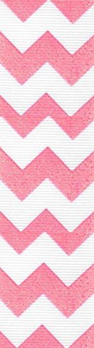 Venus Ribbon V81624 1 1/2 Inch Glitter Chevron Printed Polyester Grosgrain Ribbon 5 yards White/Shocking Pink