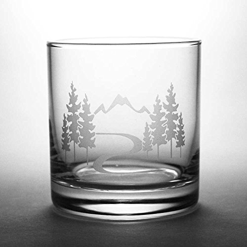 MOUNTAIN TRAIL HIKING Lowball Glasses set of 2 - Dishwasher-safe etched whiskey glass