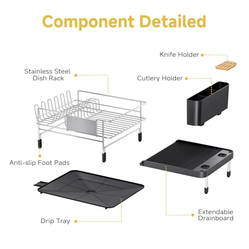 Urackify Large Dish Drying Rack, Expandable Dish Rack with Drain Board, Dish Drainer for Kitchen Couter, Dish Dryer Rack with Cups and Cutlery Holders, Stainless Steel Silver