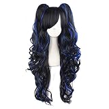 MapofBeauty Multi-color Lolita Long Curly Clip on Ponytails Cosplay Wig (Black/ Blue)