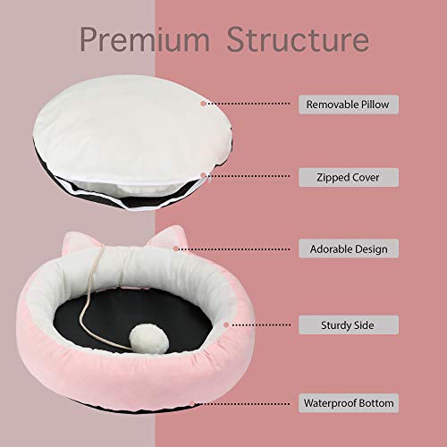 Cat Bed Round Pet Bed for Cats, Kittens, Puppies and Small Dogs / 18.5 inch Washable Pet Bed with Waterproof Bottom and Free Blanket (Removable Pillow)