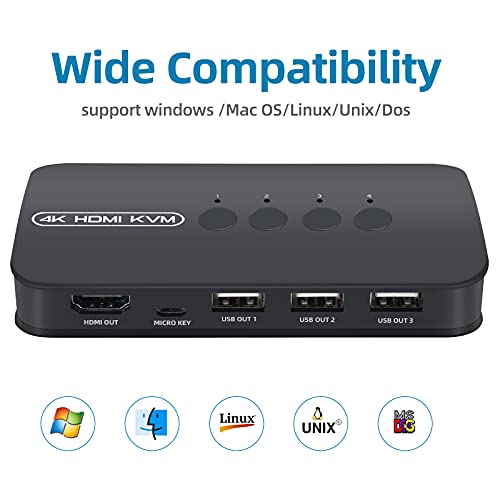 4K HDMI KVM Switch, 4 Port HDMI USB Switch for 4 Computer Share a 4K@30Hz Monitor and 3 USB Device Keyboard Mouse Printer, Including 4 KVM Cables