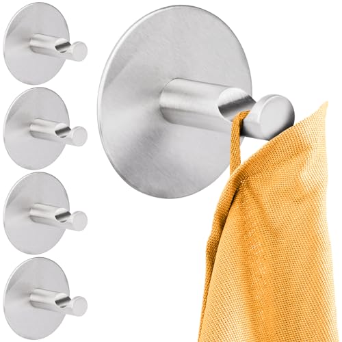 RICOO Klebehaken selbstklebend extra stark Handtuchhaken 5-er Set Wandhaken zum Kleben MH016-5 Handtuchhalter ohne Bohren Küche Badezimmer Kleiderhaken Edelstahl silber